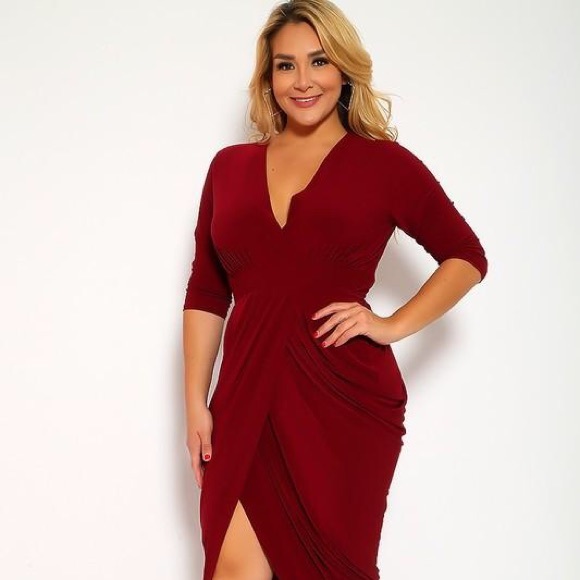 Plus Size Quarter Sleeve Rouched Party Dress - Picture 5 of 7